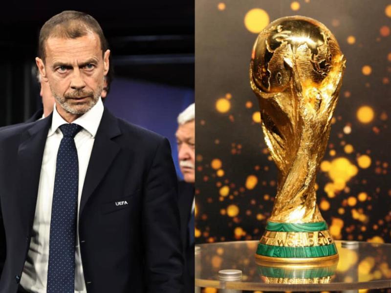 Le président de l'UEFA, Aleksander Čeferin et le trophée de la Coupe du monde [photo d'illustration]