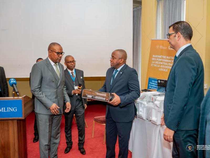 Le VPM de l'Interieur Jacquemain Shabani Lukoo lors de la cérémonie du lancement du Baromètre national de l décentralisation et de la gouvernance locale