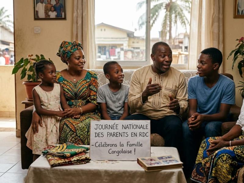 Une famille congolaise réunie pour échanger et célébrer la Journée nationale des parents, Image d’illustration générée par l’IA.
