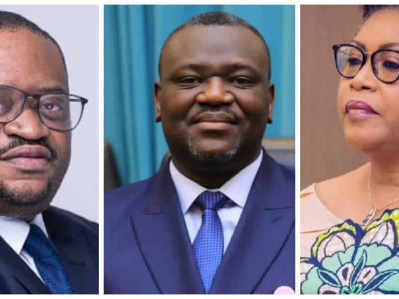 De gauche à droite : le ministre des Finances Doudou Fwamba,  le ministre de l’Economie numérique Augustin Kibassa, et la Première ministre Judith Suminwa