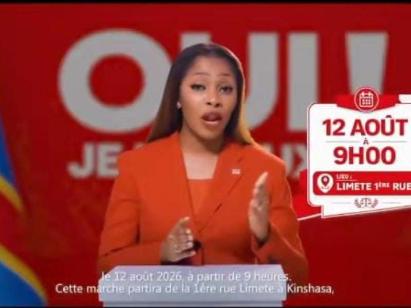 Grâce Emi Kutino, ministre de la Jeunesse lors de son message de mobilisation pour la marche du 12 août 2026