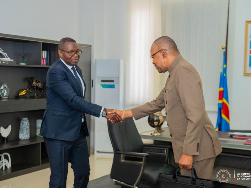 Poignée de mains entre Julien Paluku Kahongya,  ministre du Commerce extérieur en RDC, et Mike Tambwe,  directeur général de l’ANAPEX [photo d'illustration]