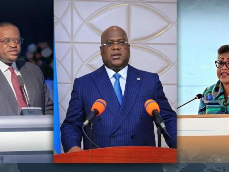 De gauche à droite : le ministre des Finances Doudou Fwamba, le président Félix Tshisekedi et la Première ministre Judith Suminwa [photo d’illustration d’illustration]
