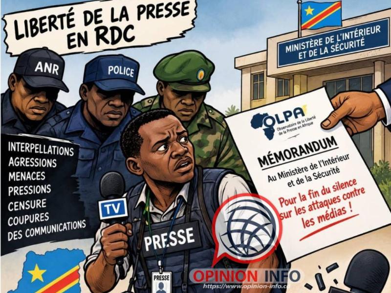 Une caricature illustrant les dénonciations de l’OLPA sur une série d’attaques visant les journalistes en RDC et son appel au ministère de l’Intérieur à intervenir