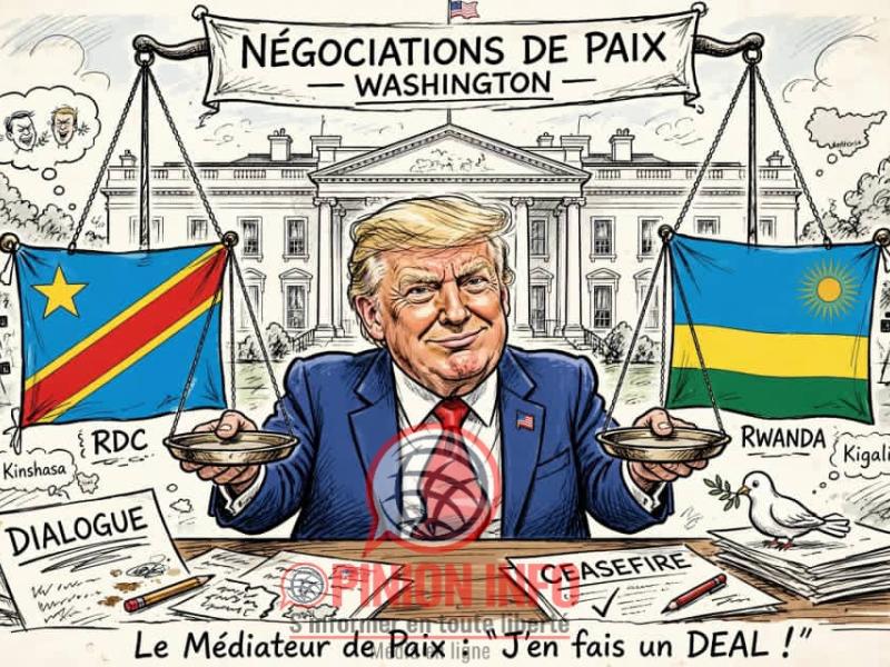 Caricature illustrant le rapport de force dans le conflit opposant la RDC au Rwanda, avec Washington comme médiateur