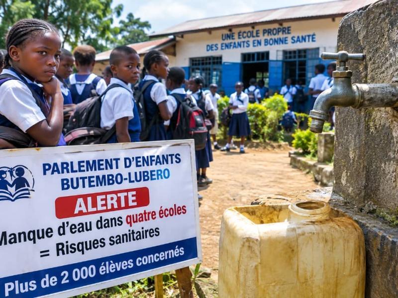 Photo de la présidente du Parlement d'enfants et quelques élèves de Butembo