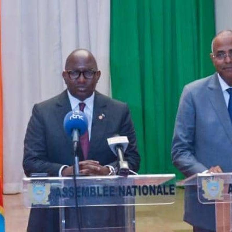 Jean-Michel Sama Lukonde, président du Sénat congolais et Patrick Achi, président de l’Assemblée nationale de la Côte d’Ivoire