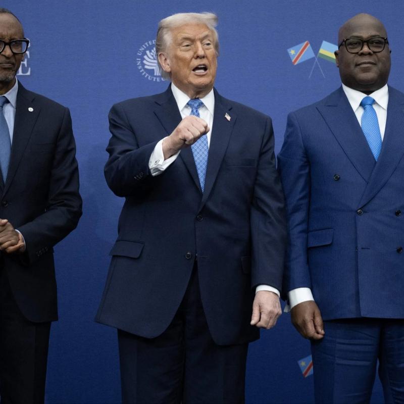 Le président américain Donald Trump auxau milieu de ses homologues Félix Tshisekedi et Paul Kagame [photo d’illustration].