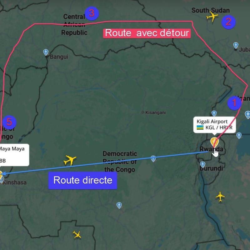 En rouge, la supposée trajectoire prise par l'avion présidentiel rwandais