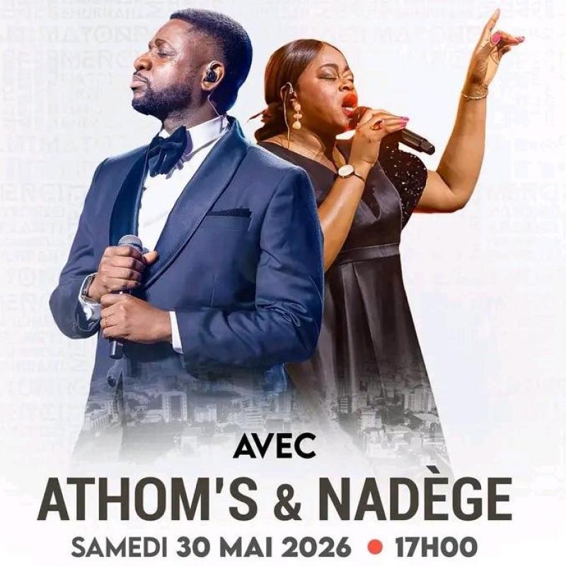 Le couple Athom's et Nadège MBUMA sur l'affiche annonçant le concert au Gymnase du Stade des Martyrs