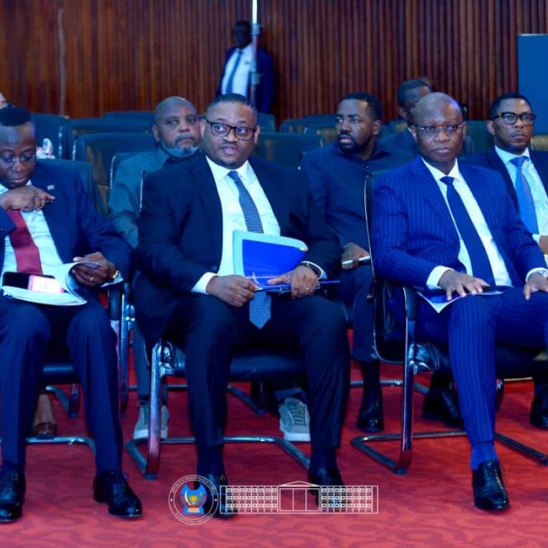 Le vice-Premier ministre en charge de l'Économie nationale, Daniel Mukoko Samba, à l'extrême gauche de la photo lors d'une plénière à l'Assemblée nationale