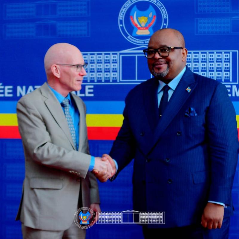 Le chef de la MONUSCO, James Swan, et le président de l'Assemblée nationale Aimé Boji, ce jeudi 30 avril 2026