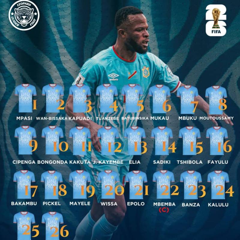 La liste des 26 léopards retenus pour le mondial 2026 ainsi que leurs numéros respectifs.