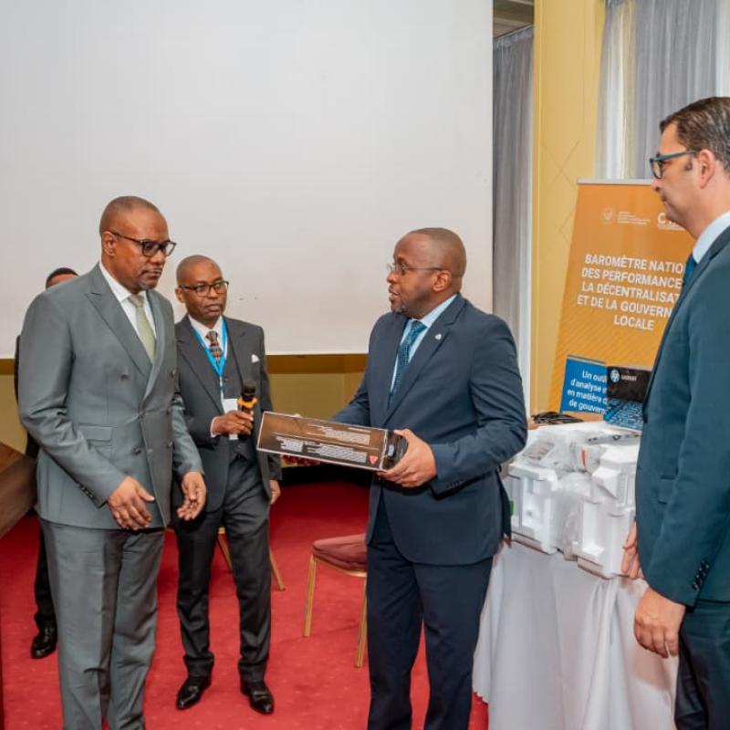 Le VPM de l'Interieur Jacquemain Shabani Lukoo lors de la cérémonie du lancement du Baromètre national de l décentralisation et de la gouvernance locale