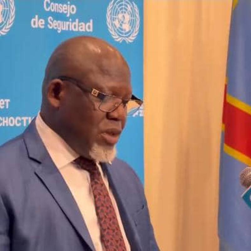 Le Représentant de la RDC auprès de l'ONU, Zénon Mukongo Ngay, lors de la présentation du rapport des entretiens informels avec les candidats secrétaire général, vendredi 10 juillet 2026