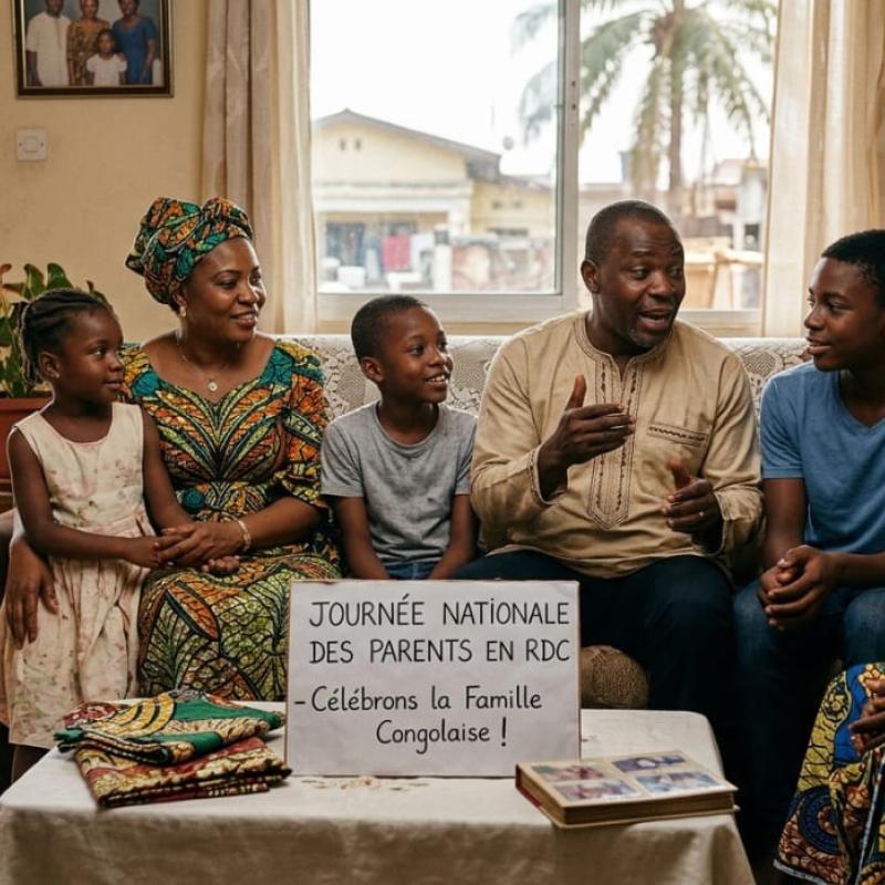 Une famille congolaise réunie pour échanger et célébrer la Journée nationale des parents, Image d’illustration générée par l’IA.