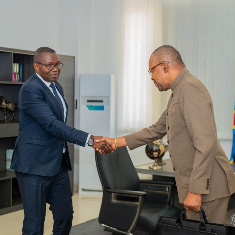 Poignée de mains entre Julien Paluku Kahongya,  ministre du Commerce extérieur en RDC, et Mike Tambwe,  directeur général de l’ANAPEX [photo d'illustration]