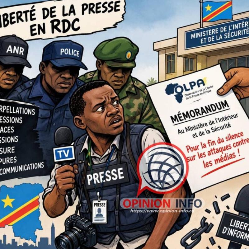 Une caricature illustrant les dénonciations de l’OLPA sur une série d’attaques visant les journalistes en RDC et son appel au ministère de l’Intérieur à intervenir