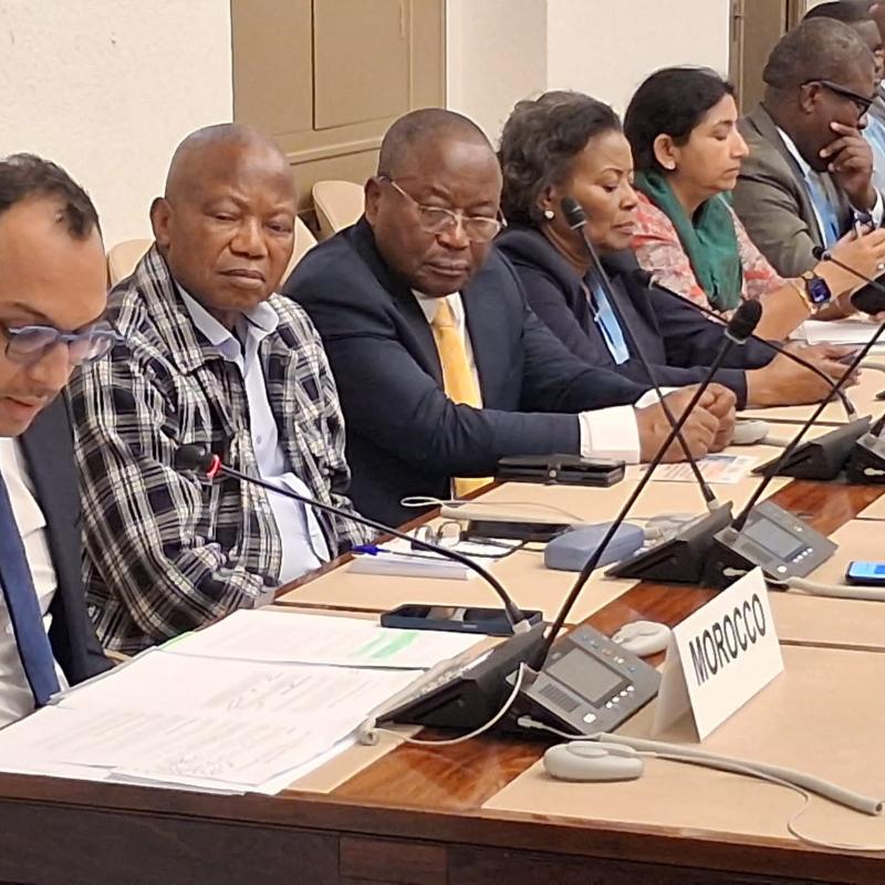 Genève, le président de la CNDH, en cravate jaune, prend part, aux côtés d’autres participants, aux travaux de la conférence consacrée aux enjeux liés aux droits de l’enfant et à l’exploitation des ressources minières, notamment le cobalt