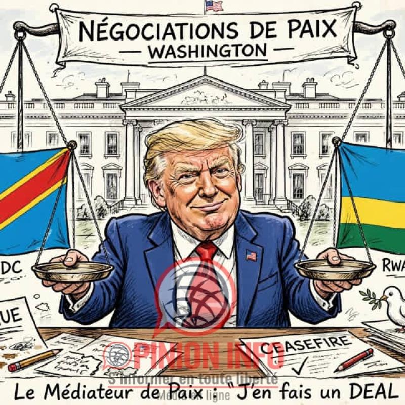 Caricature illustrant le rapport de force dans le conflit opposant la RDC au Rwanda, avec Washington comme médiateur