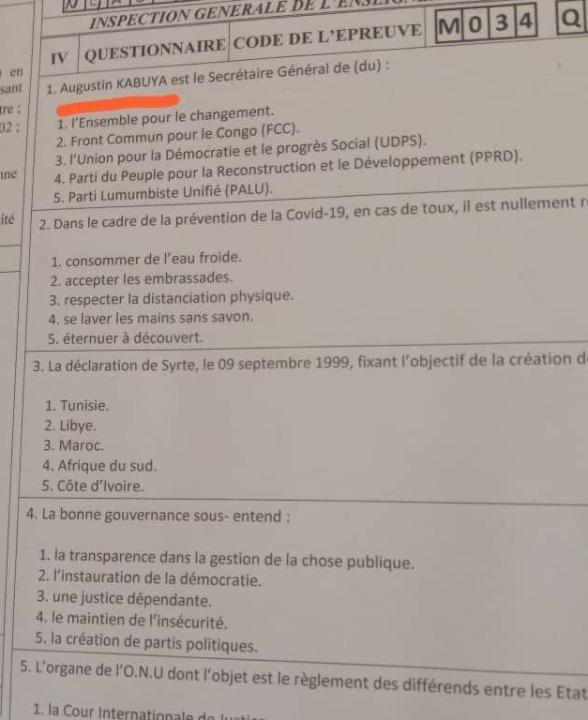 RDC: un item de culture générale, EXETAT édition 2020-2021