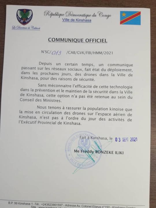 Communiqué officiel de la ville de Kinshasa signé par son Dircab Me Freddy BONZEKE