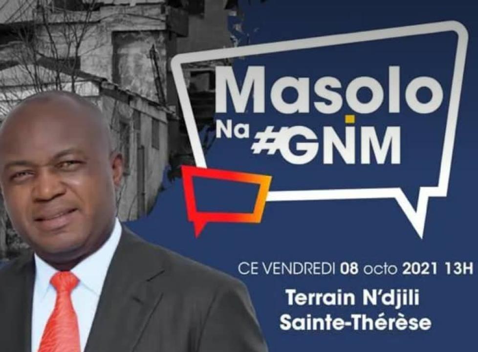 Légende : l'affiche annonçant le meeting du gouverneur Gentiny Ngobila à Sainte-Thérèse