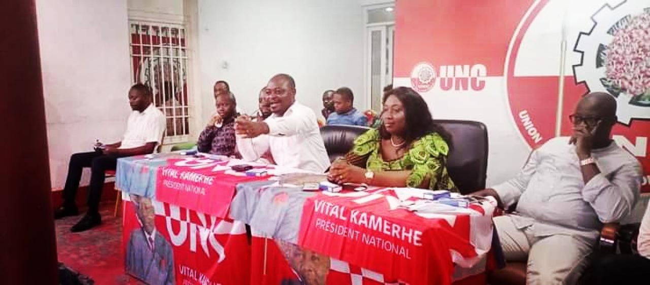Le Secrétaire général de l'UNC, Billy Kambale face aux communicateurs du parti