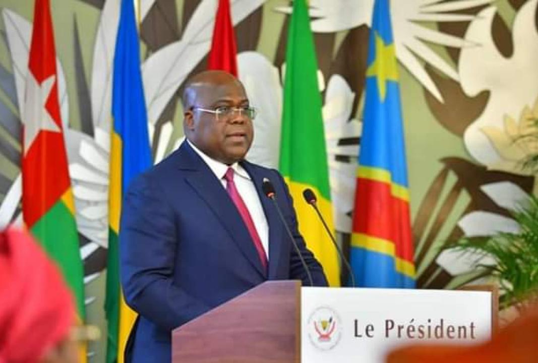Félix Tshisekedi du haut de tribune, à l'ouverture de la première conférence des hommes Chefs d'États et de gouvernement pour l'élimination des violences faites aux femmes et filles.