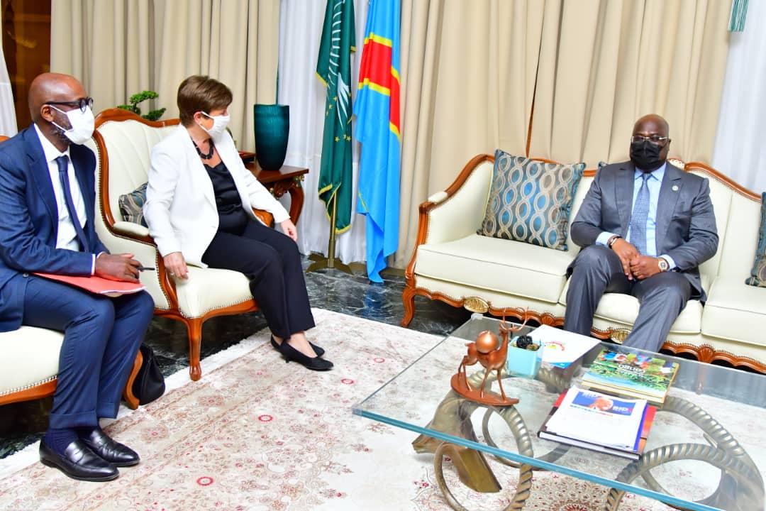 Le président de la RDC, Félix Tshisekedi lors d'un échange avec la directrice générale du FMI, Kristalina Georgieva à Kinshasa