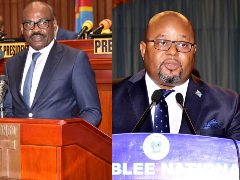 Ministre d'État en charge du budget, Aimé Boji Sangara (à droite) et Nicolas Kazadi, ministre des finances (à gauche).