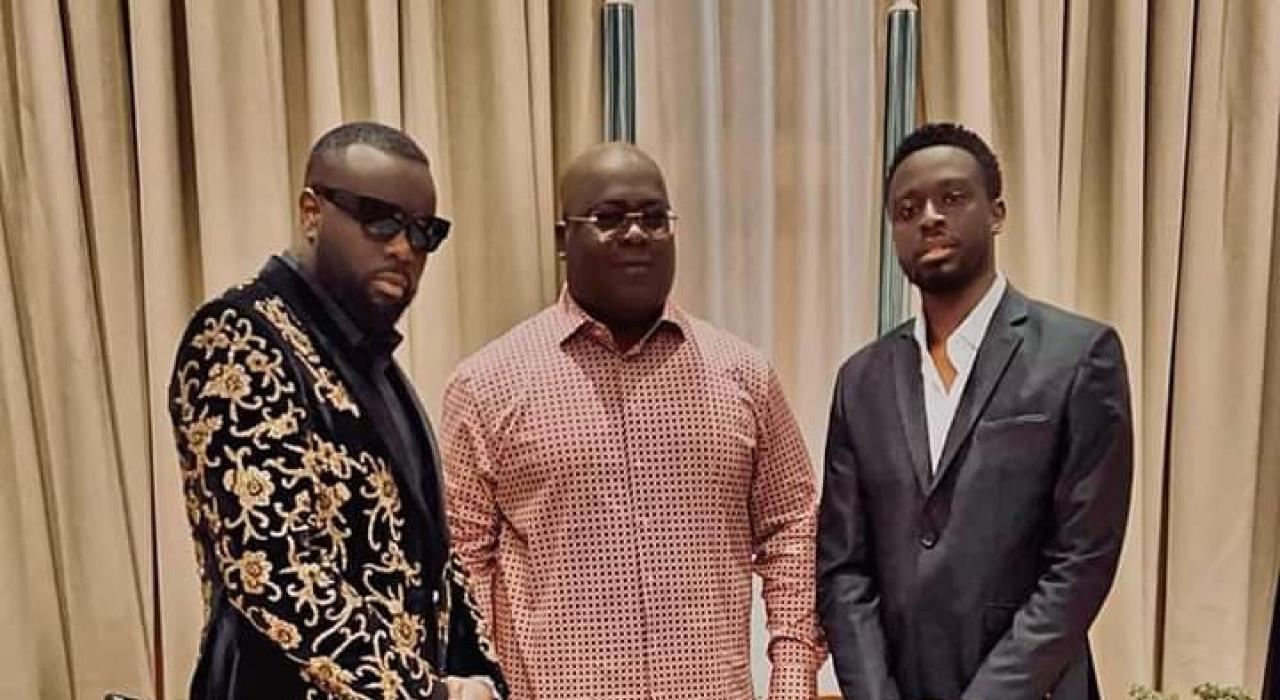 De gauche à droite Maître Gims, Félix Tshisekedi (chef de l'État) et Dadju.