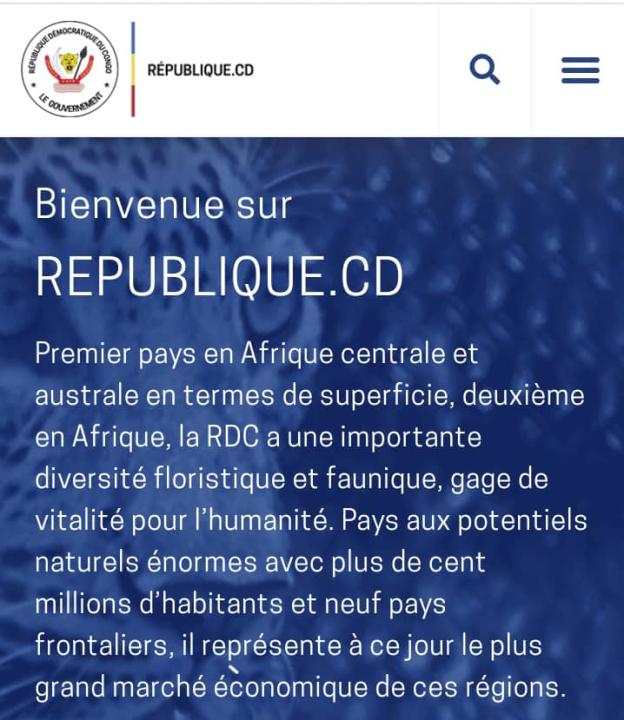 La page d'accueil du site officiel de la RDC