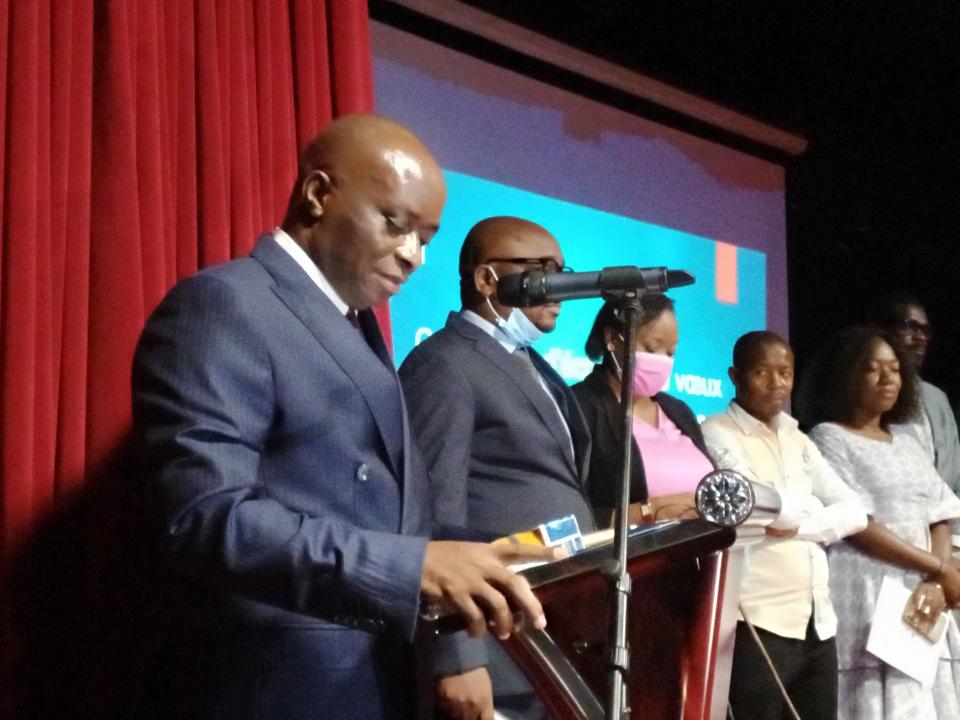Le président national de l'ACAJ, Me Georges Kapiamba tenant son discours à l'occasion d'échange de vœux avec les responsables de médias et ONG de la société civile, lundi 31 janvier 2022