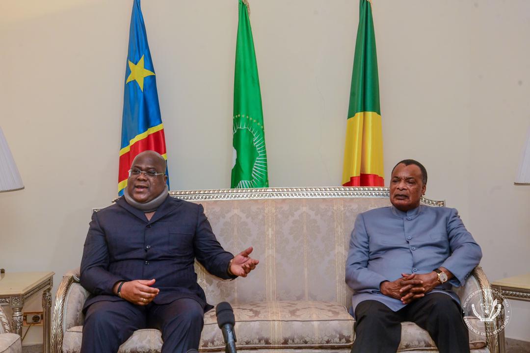Le président de la RDC Félix Tshisekedi et son homologue Denis Sassou lors d'un point de presse à Oyo, dimanche 05 juin