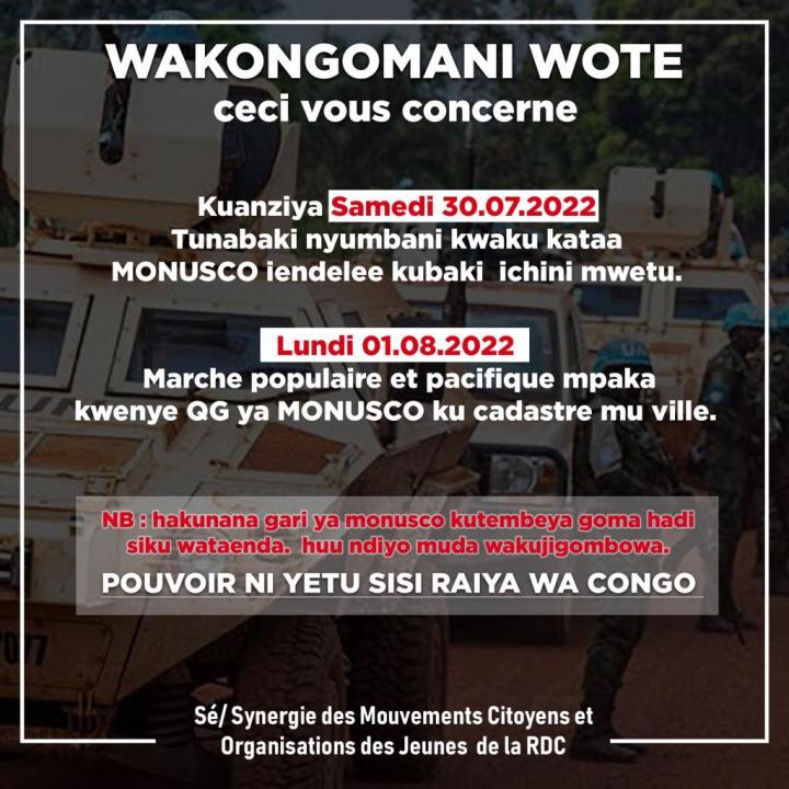 Affiche annonçant les prochaines manifestations contre la Monusco