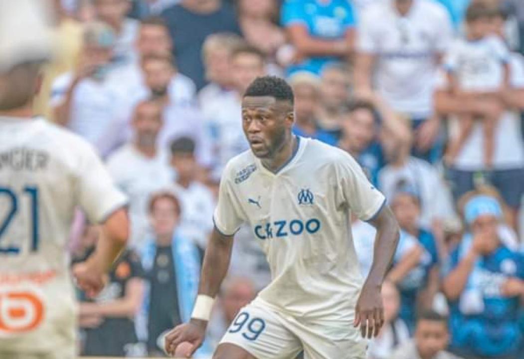 Chancel Mbemba, lors de la rencontre OM-Milan, au stade vélodrome.