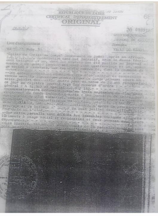 Le certificat d'enregistrement Original de la donation de Mobutu à l'ECZ