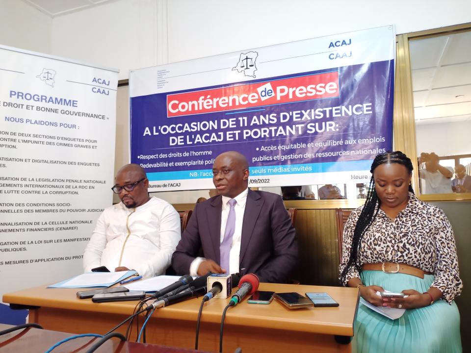 Le président national de l'ACAJ, Me Georges Kapiamba lors d'un point de presse à l'occasion de onzième anniversaire d'existence de son ONG