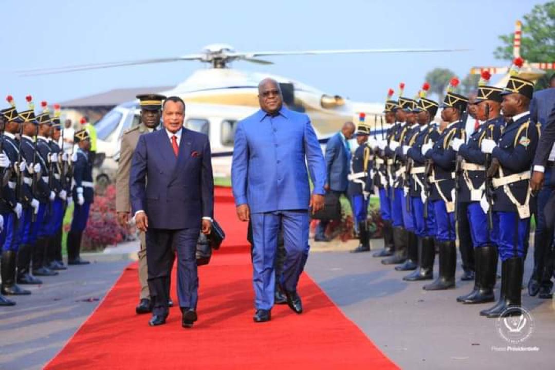 Félix Tshisekedi, président de la République Démocratique du Congo  accueillant Denis Sassou N'guesso, président de la république du de la République Congo, à sa résidence du Mont Ngaliema