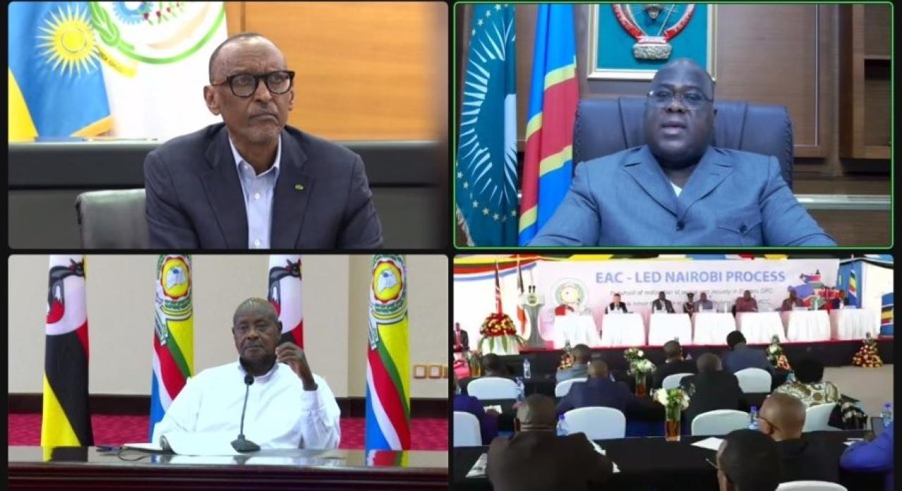 Le chef de l'État, Félix Tshisekedi ( à droite) intervenant par visioconférence à la troisième phase du processus de paix de Nairobi