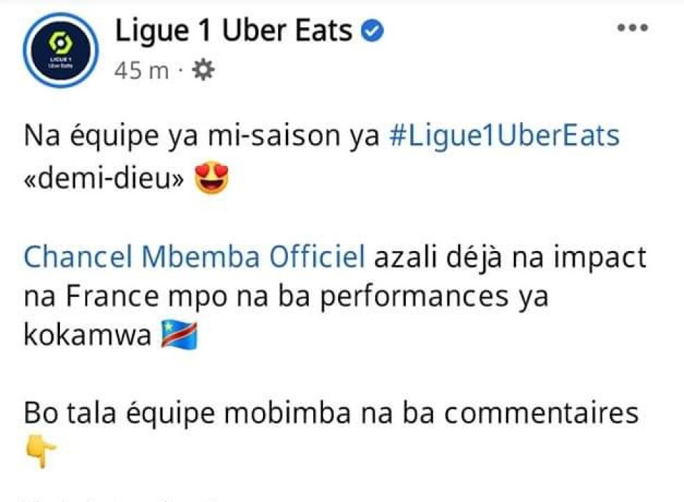 Capture d'écran des honneurs à l'endroit de l'international congolais Chancel Mbemba, publiés en Lingala sur la page officielle du championnat français