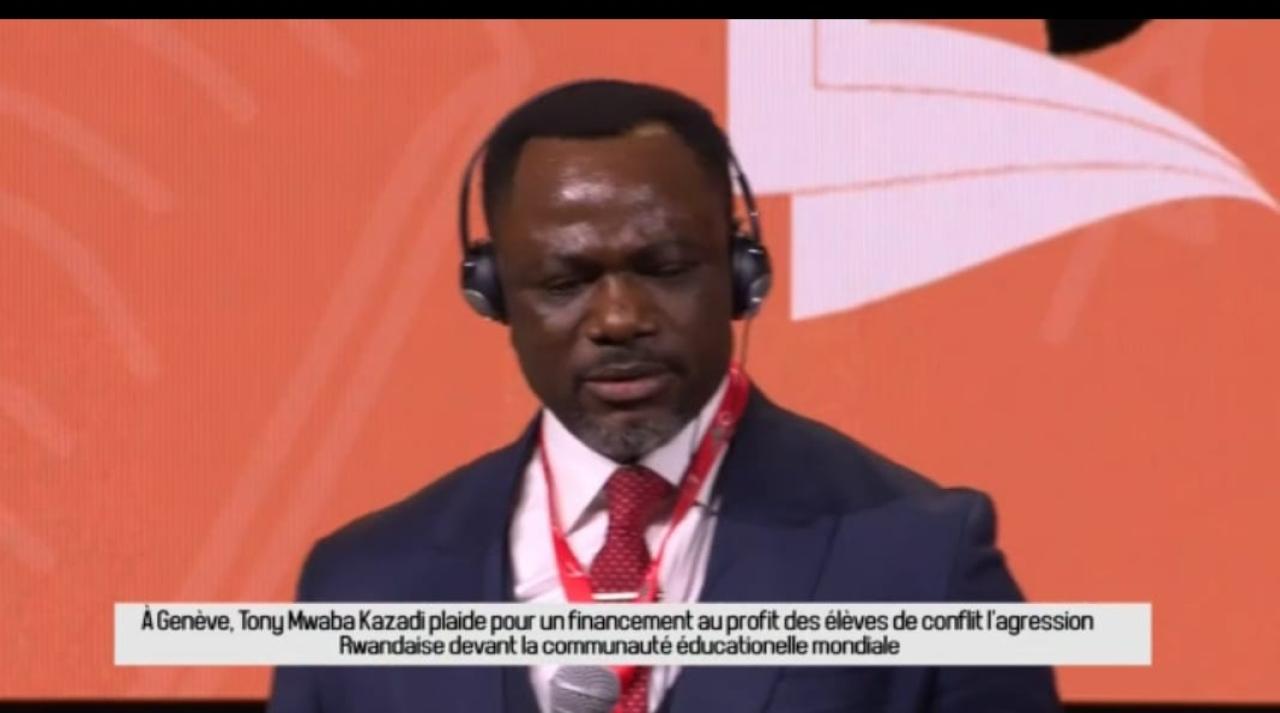 Le ministre de l'EPST Tony Mwaba Kazadi devant les partenaires de l'éducation à Genève
