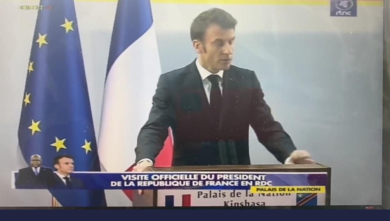 Le Président français Emmanuel Macron lors du point de presse à côté de son homologue congolais Félix Tshisekedi au Palais de la Nation