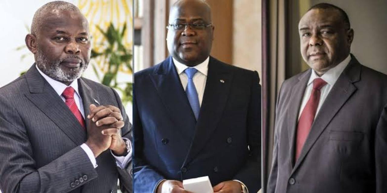 De gauche à droite, le VPM de l'économie Vital Kamerhe, le chef de l'État, Félix Tshisekedi et le VPM de la défense nationale, Jean-Pierre Bemba