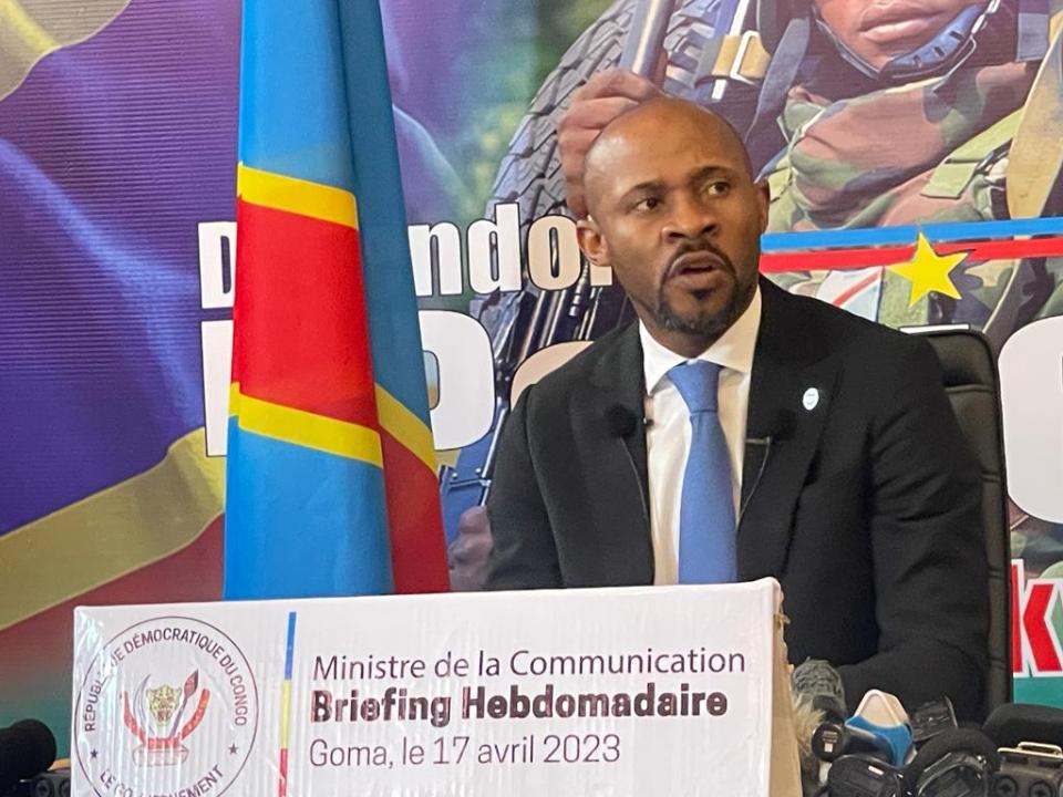 Le porte parole du gouvernement Patrick Muyaya lors d'un briefing devant la presse à Goma [photo d'illustration]
