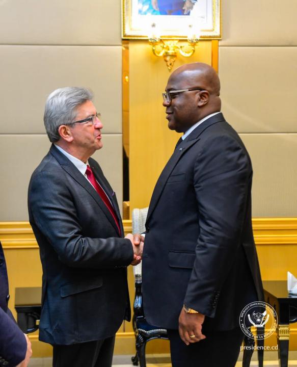 Homme politique français, Jean-Luc Mélenchon et le Président de la RDC Félix Tshisekedi au Palais de la Nation, jeudi 26 octobre 2023