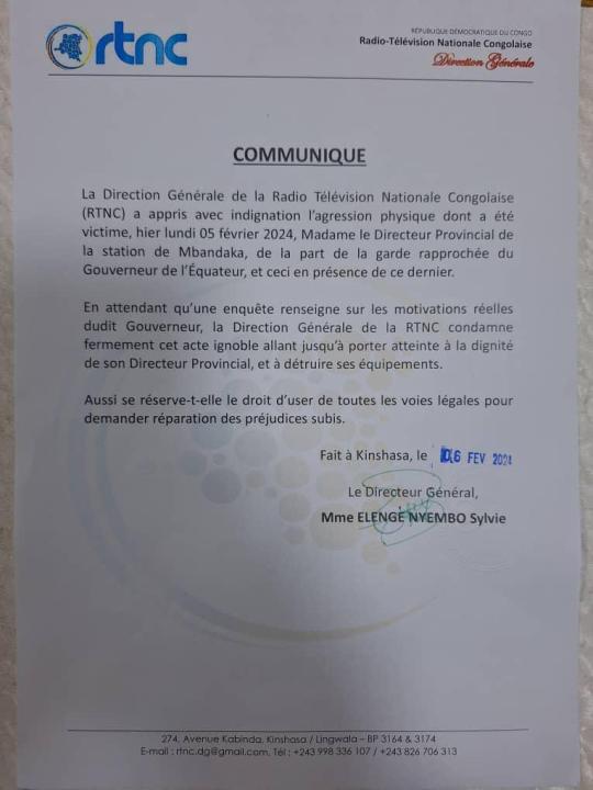 Communiqué de la RTNC sur l'agression la Directrice Provincial Station Mbandaka