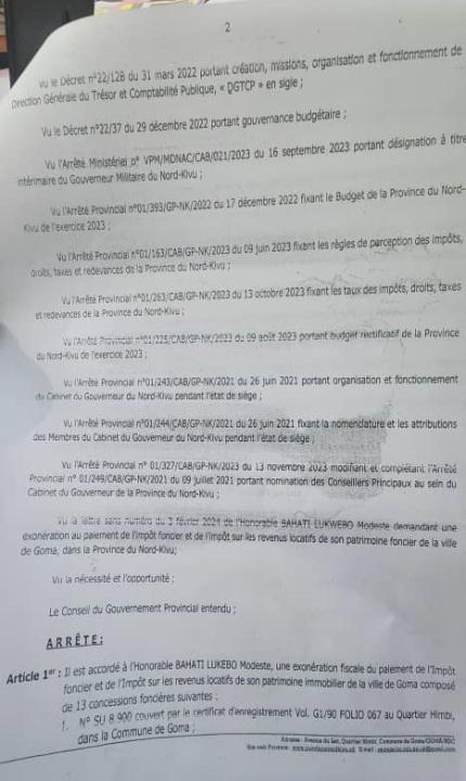Arrêté accordant exoneration à l'entrepreneur Bahati Lukwebo