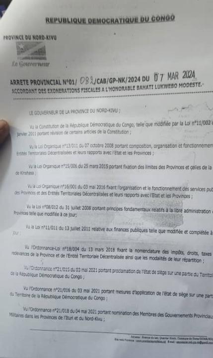 Arrêté accordant exoneration à l'entrepreneur Bahati Lukwebo